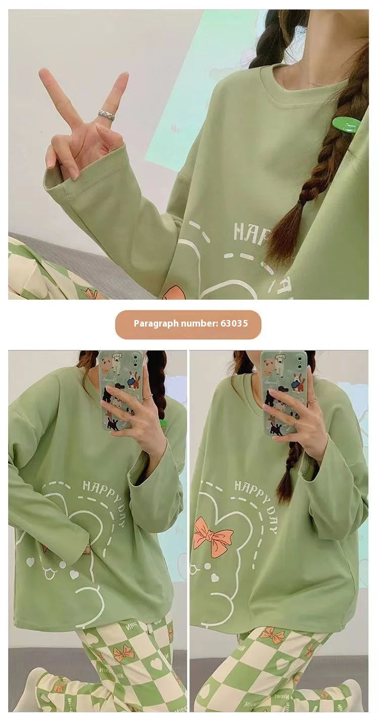 Spring and Autumn New Women's Thin Section Pajamas Homewear Suit Girls Summer Long-Sleeved Homewear Plus Size Cartoon Loose Suit