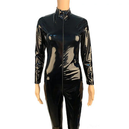 Women's Wet Look Shiny PU Faux Leather Jumpsuit Suit Long Sleeve Zipper Open Crotch Latex Bodysuit Clubwear Plus Size Badiee Stylez