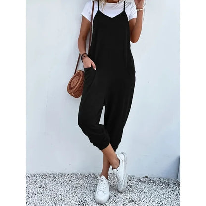 Plus Size 1XL-5XL New Casual Summer Women Loose Sleeveless Strap Wide Leg Jumpsuit with Pockets Comfortable Breathable Clothing black