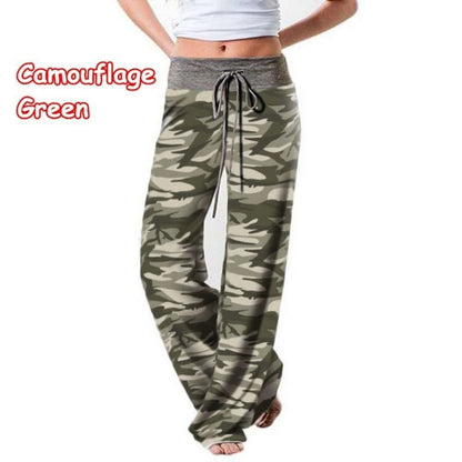 S-8XL Fashion Women Casual Loose Stretch Printing Long Wide Leg Yoga Pants Drawstring Lounge Pants Pajama Pants Camouflage