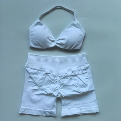 Impact Gym Set Women Two Piece Strappy Yoga Bra Top Workout Scrunch Shorts Suit Fitness Clothes Seamless Sportswear Workout Set