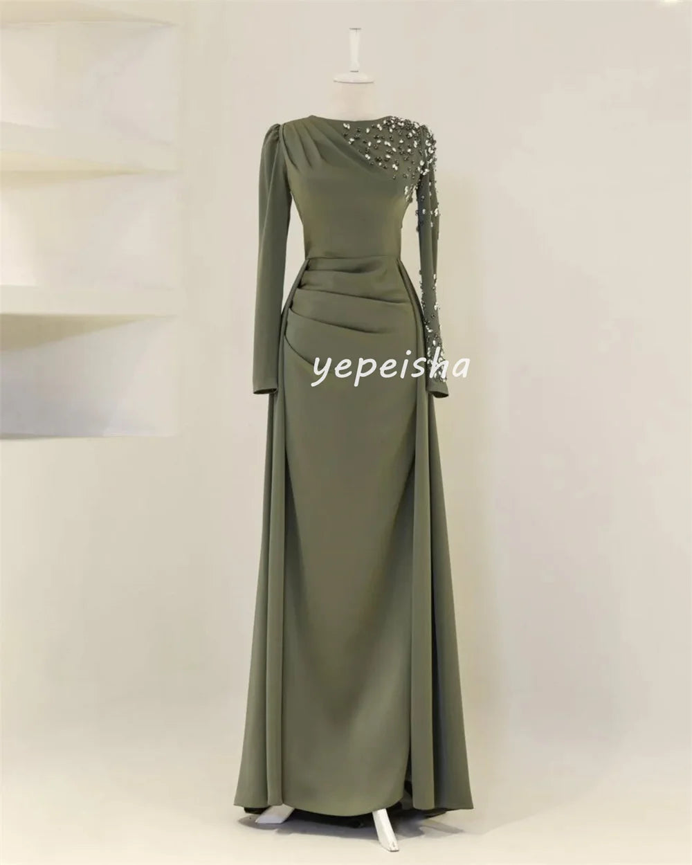 Customized Intricate Unisex Jersey Beading Sequined Draped Straight High Collar Long Dresses Bespoke Occasion Dresses Exquisite Badiee Stylez