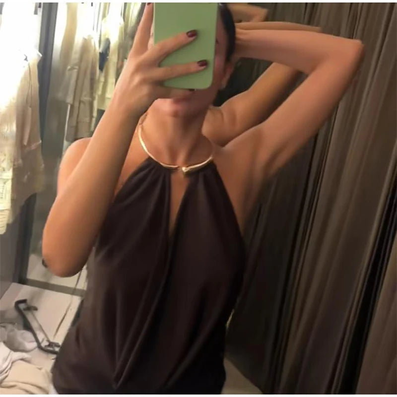 Sexy Metal Halter Deep V-neck Jumpsuits Women High Street Backless Sleeveless Short Bodysuit 2025 Summer New Lady Slim Clubwear