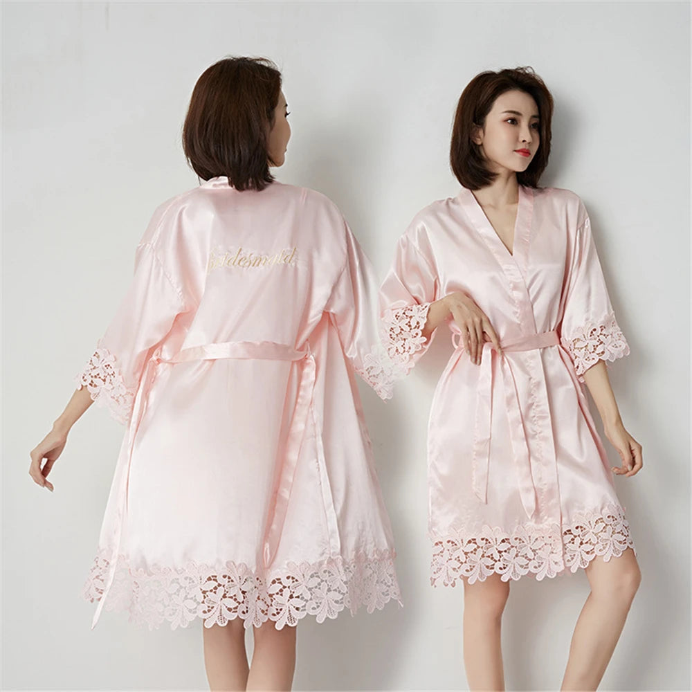 Wedding Embroidery Bride Bridesmaid Kimono Dresses Lace Gown Sexy Women Robes Home Gown Bathrobe Short Night Shirts Sleepwear1PC