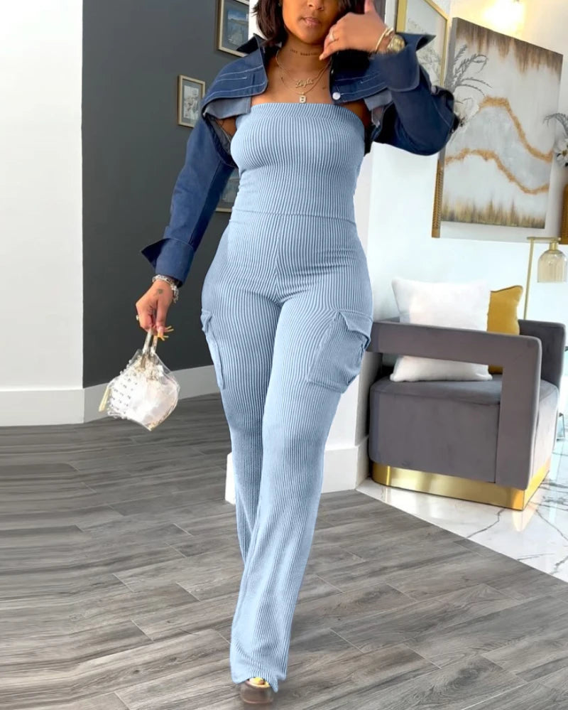 Women's Jumpsuit 2024 Summer Elegant Casual Striped Printed Spaghetti Strap Tie Details Mid Waisted Tight Fit Cropped Jumpsuit