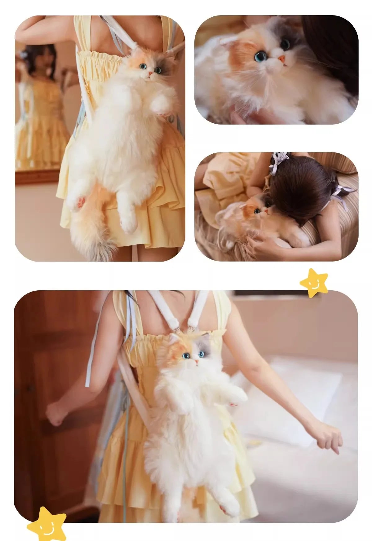 Super Realistic Three Flower Cat Backpack Pure Handmade Cute Cat Plush Doll Shopping Bag Travel Storage Makeup Bag Birthday Gift