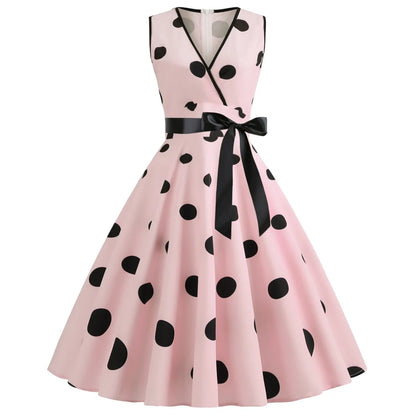 Summer V-neck sleeveless polka dot lace-up waist tucked vintage swing dress