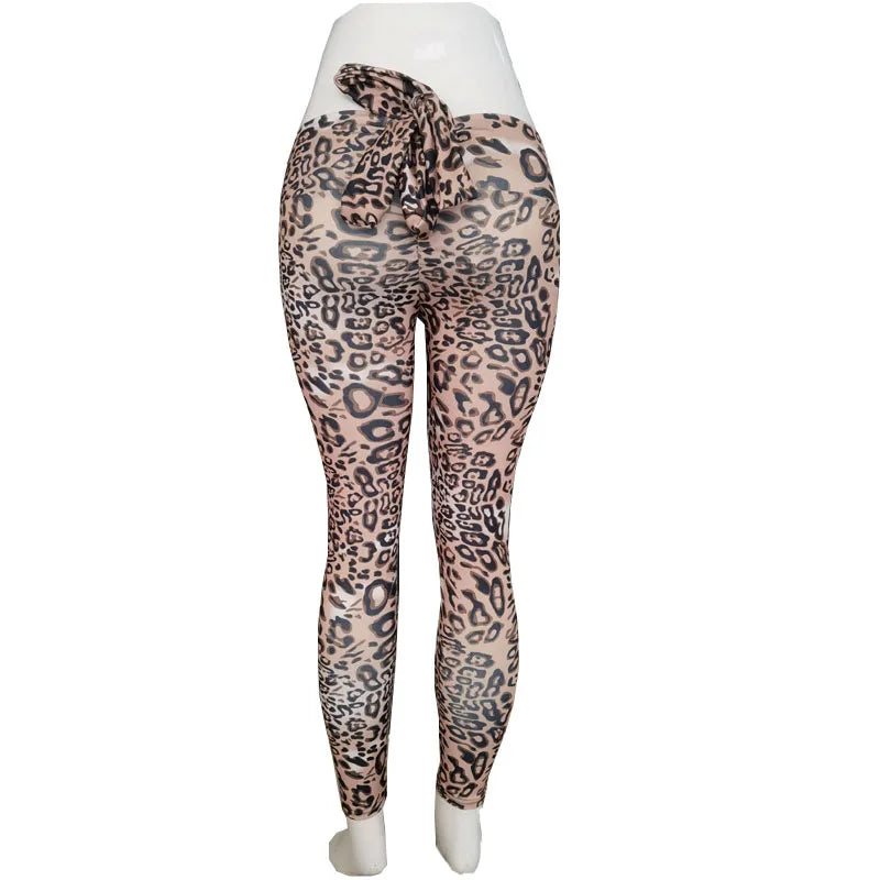High Waist Elastic Leggings Leopard Printed Legging Pants Bow Bandage Tights For Women Push Up Exercise Fitness Yoga Pants