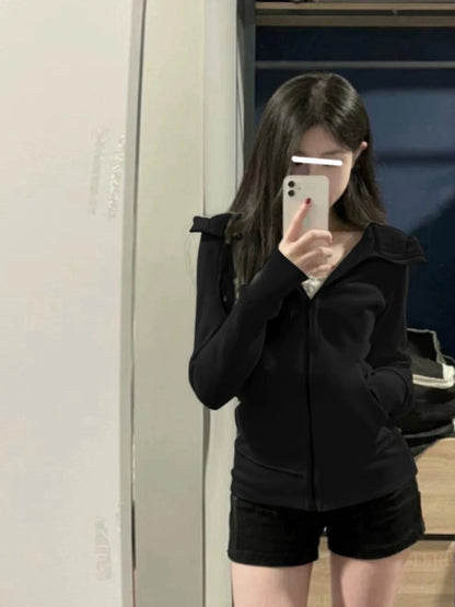 ay Fce Lined Hoodie Women's Sportswear Slim Fit Autumn Winter Casual Versatile Outerwear Korean Sle Commute Design Black