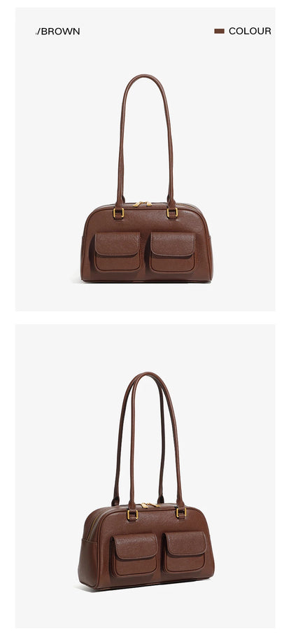 Burminsa Cowhide Genuine Leather Underarm Shoulder Bags For Women 2025 Luxury Designer Korean Bowling Tote Work Ladies Handbags