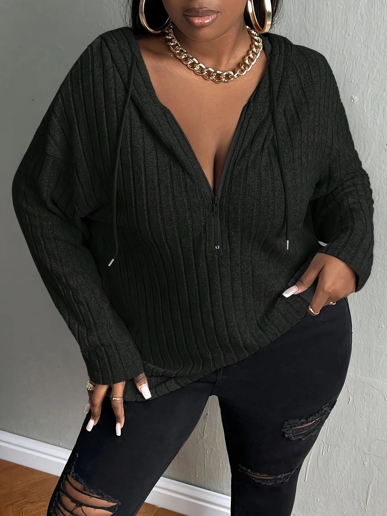 Plus size European and American cross-border autumn and winter new casual solid color half zipper hooded sweatshirt black