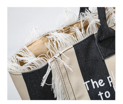 European and American Letters Tassel Canvas Bag Arge Capacity Handbags Travel Women Beach Tote Bag Fashion Casual Shopping Bags