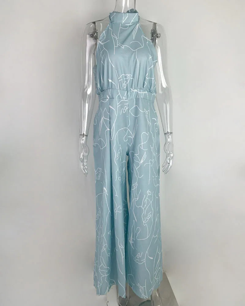 Women's 2025 Off-Shoulder Jumpsuit Flare Wide Leg Romper Artistic Print Lace-up High Waist Vacation Street Style Light Social Badiee Stylez