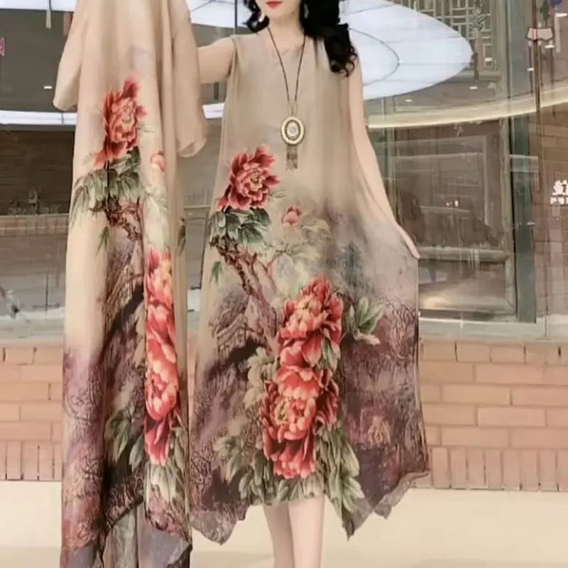 Commute Floral Printed Matching Sets Two Piece Set Casual Round Neck Spring Summer Female Fashion Irregular Hem Long Dress Sets 8283