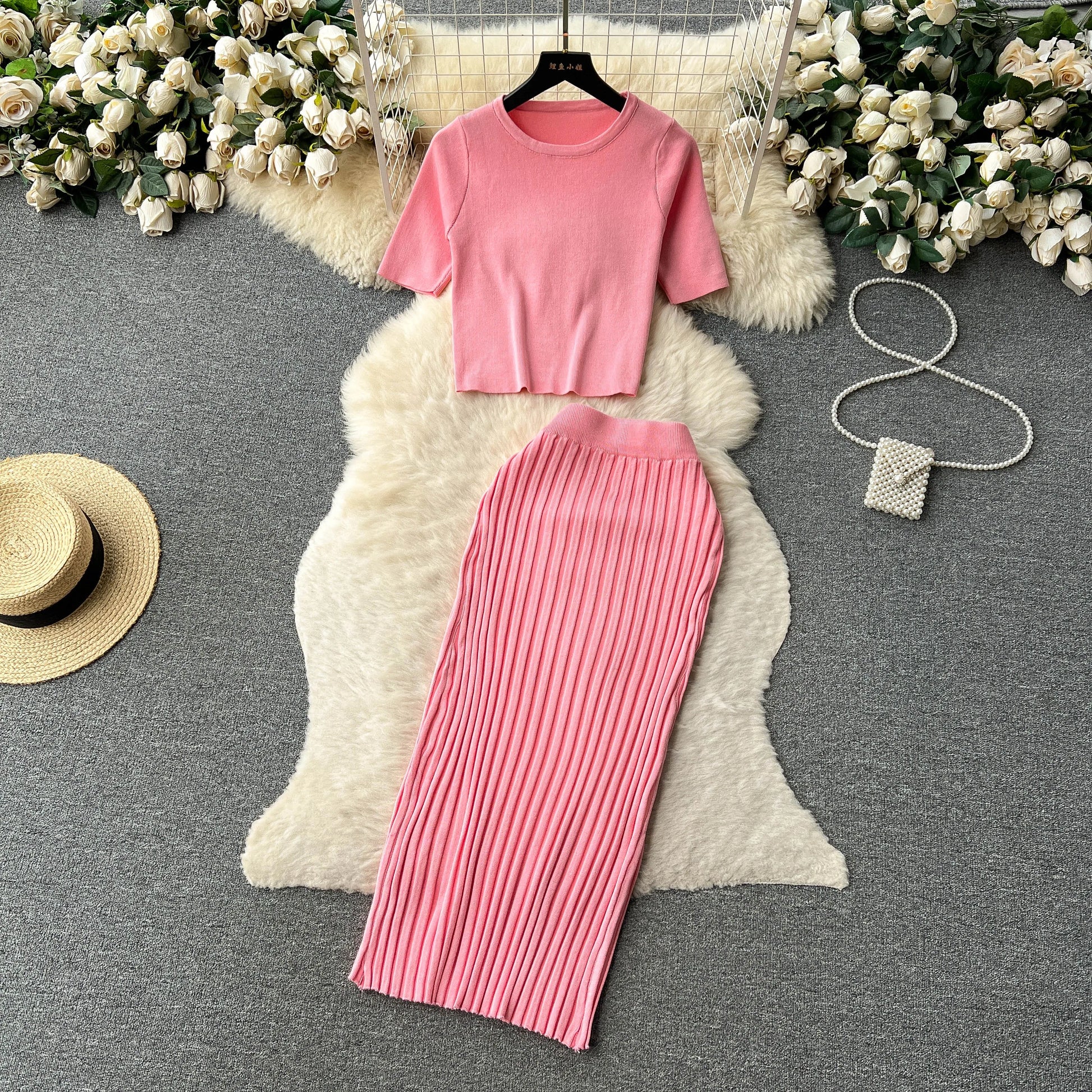 SINGREINY Casual Two Piece Sets Women Summer O Neck Top Elastic Waist Long Skirt Fashion Office Lady Korean Knit Suit