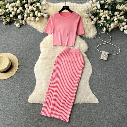 SINGREINY Casual Two Piece Sets Women Summer O Neck Top Elastic Waist Long Skirt Fashion Office Lady Korean Knit Suit