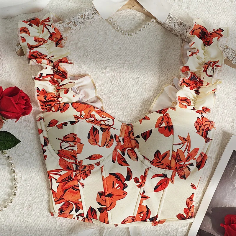 Sexy Bandage Ruffle Off Shoulder Slim Top Chic Straps Camis Slim Korean Tanks Top Elegant Crop Top Summer Women Bustier H149-Orange