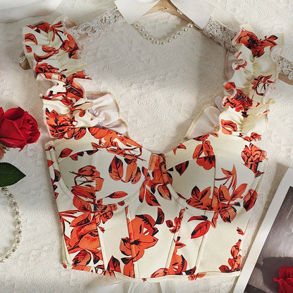 Sexy Bandage Ruffle Off Shoulder Slim Top Chic Straps Camis Slim Korean Tanks Top Elegant Crop Top Summer Women Bustier H149-Orange