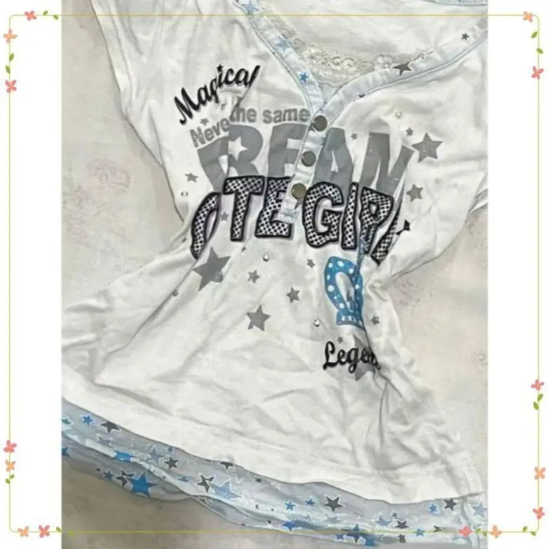 Millennium Y2k Star Printed Fake Two Piece T-Shirt American Vintage V-neck Short Sleeve T-shirt Harajuku Y2k V-neck T-shirt 01