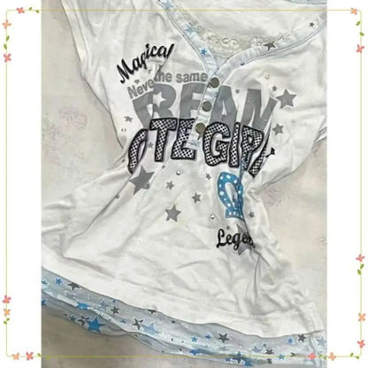 Millennium Y2k Star Printed Fake Two Piece T-Shirt American Vintage V-neck Short Sleeve T-shirt Harajuku Y2k V-neck T-shirt 01