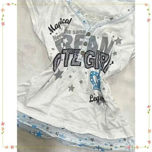 Millennium Y2k Star Printed Fake Two Piece T-Shirt American Vintage V-neck Short Sleeve T-shirt Harajuku Y2k V-neck T-shirt 01