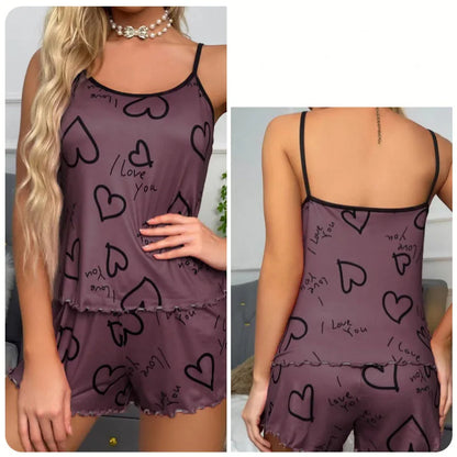 women's heart-shaped printed pajamas set sexy pajamas silk pleated vest shorts set soft and comfortable home wear sweet and cute Purple