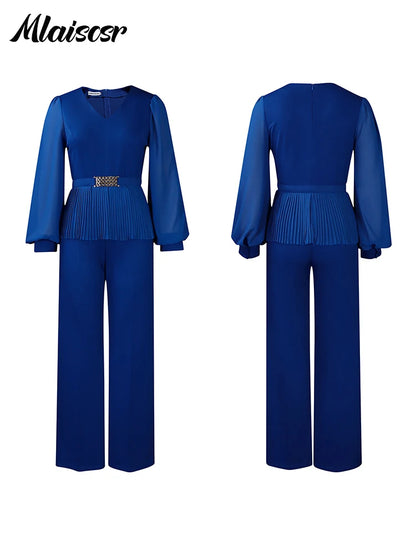Mlaiscsr Elegant Long Sleeve V-neck Pleated Belt Top and Wide Leg Pant Matching 2 Piece Sets African Women Office Lady Outfits