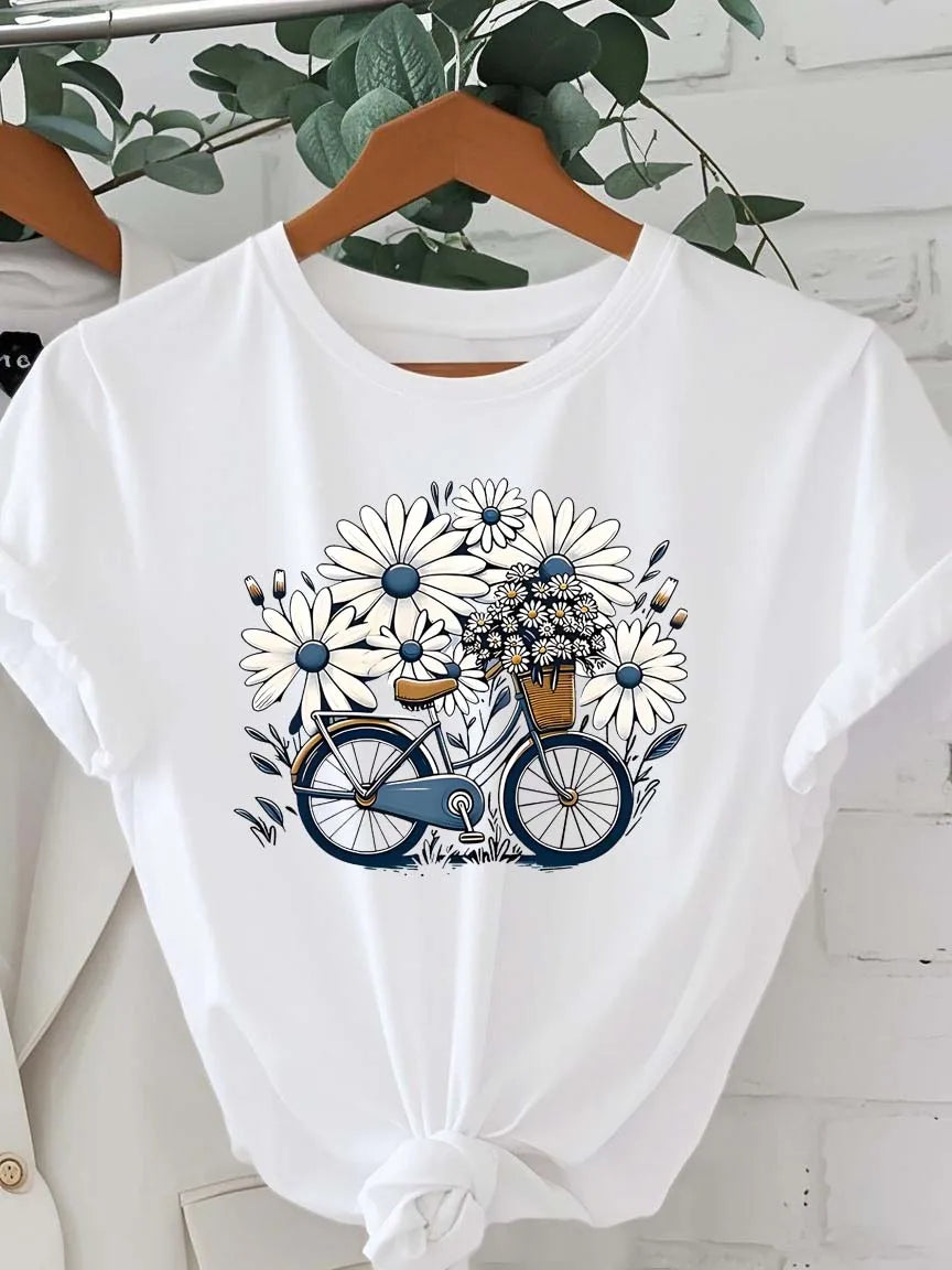 Plus Size Artistic Floral Bicycle Graphic Minimalist Design Elegant Fashion Tee WHITE
