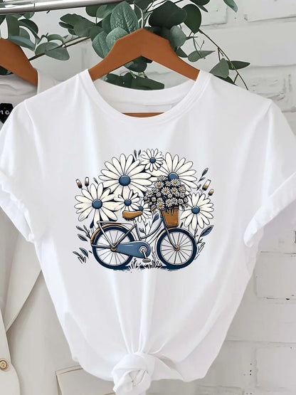 Plus Size Artistic Floral Bicycle Graphic Minimalist Design Elegant Fashion Tee WHITE