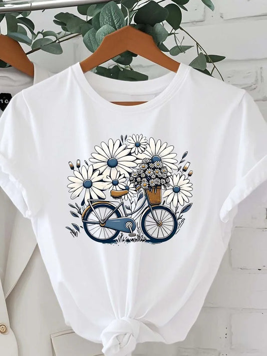 Plus Size Artistic Floral Bicycle Graphic Minimalist Design Elegant Fashion Tee WHITE