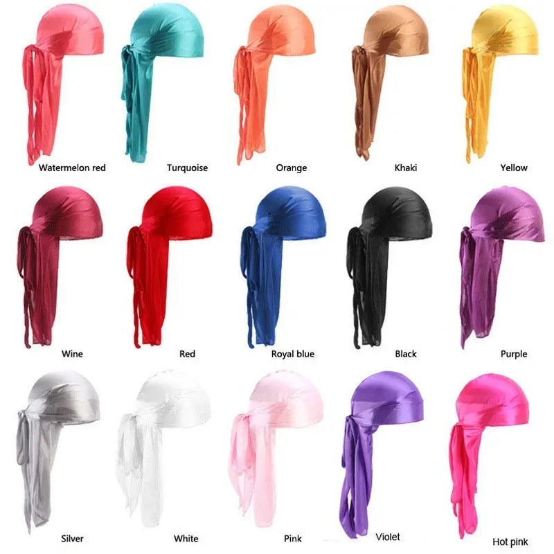 Fashion Long Tail Adult Satin Doo Rag Durag Bandanas Cap Pirate Hat Turban Men Hip Hop Headband Biker Headwrap Women Headwear