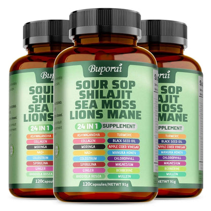 24-In-1 Soursop Supplement - Improve Skin Health, Anti-oxidation, Promote Digestion, Intestinal Detoxification 120 Capsule-3bottles