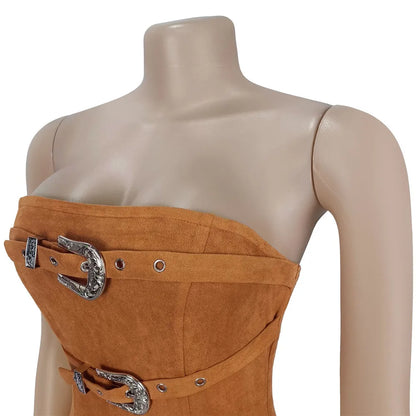 RLMABABY Sexy Strapless Tassel Bodycon Mini Dress Women Gown Slim Backless Sleeveless Metal Buckle Club Party Sheath Short Dress