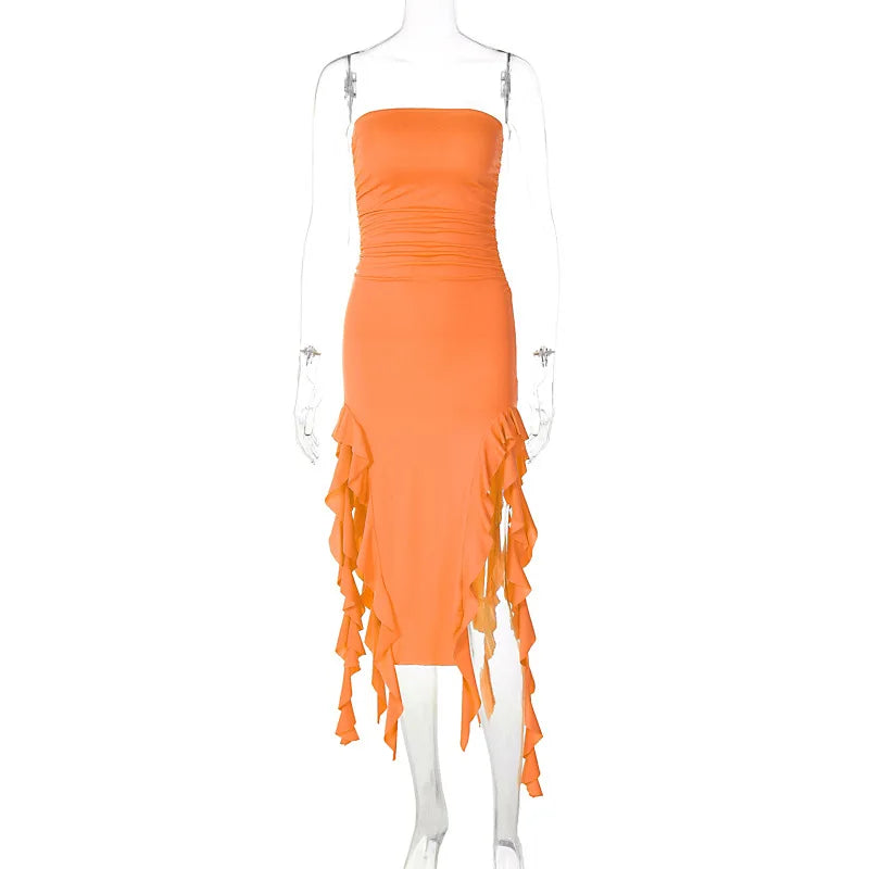 WonMiracle Elegant Strapless Dress Women Irregular Tassel 2024 Summer Trend Skinny Split Maxi Bodycon Party Dress For Women Orange