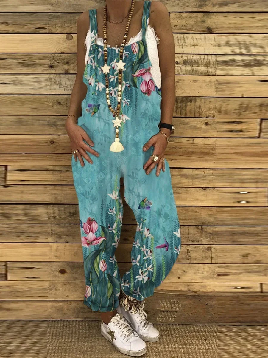 Women Overalls Summer Jumpsuits Thin Vintage Sweet Print Suspenders Loose Female Casual Large Size New Straight-leg Pants 2