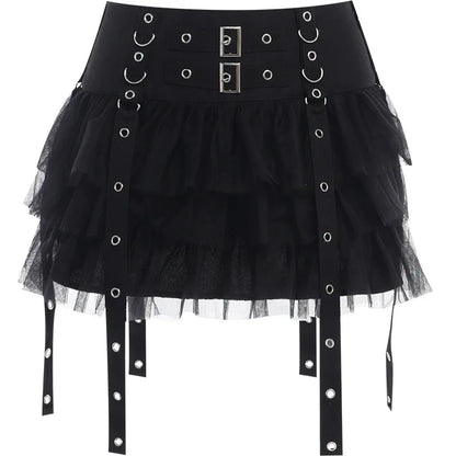 Y2K Street Dark Devil Cloth Strip Pleated Skirt Metallic Buckling Lace Layer Cake Short Skirt Women‘s High-end Design Sex Skirt