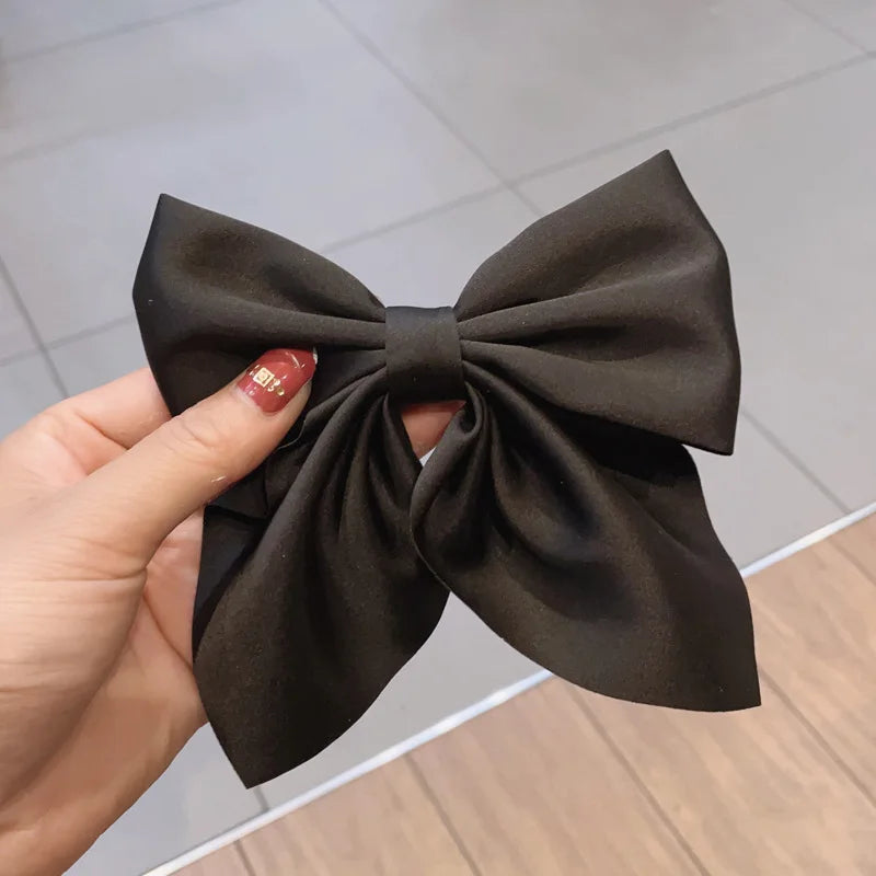 Solid Color Satin Bowknot Hair Clips For Girls Sweet Bow Women Hairpins Butterfly Barrettes Duckbill Clip Kids Hair Accessories 1-Black