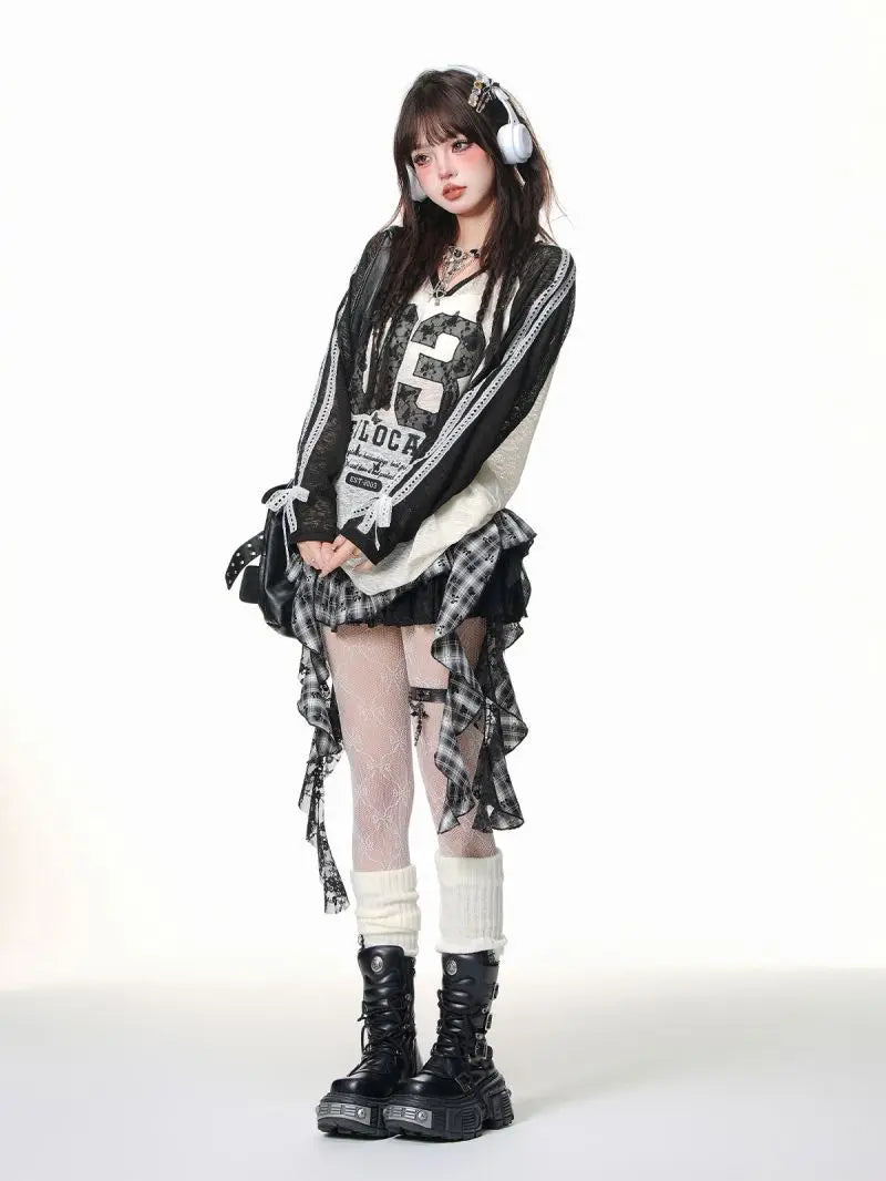 Retro Harajuku Gothic Style Leather Splicing Short Skirt for Women Y2K Lace Hem Mini Pleated Skirt Autumn Street Cool Girl