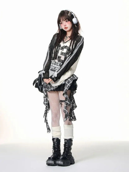 Retro Harajuku Gothic Style Leather Splicing Short Skirt for Women Y2K Lace Hem Mini Pleated Skirt Autumn Street Cool Girl