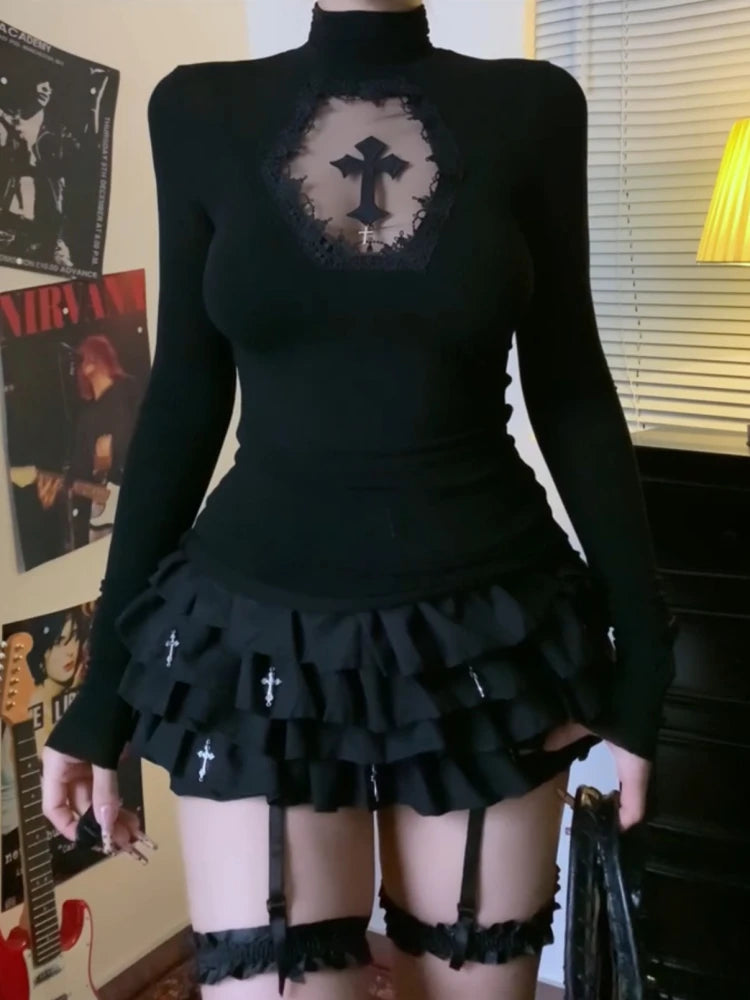 Turtleneck Top Y2k Clothes Black Gothic Cross Hollow Slimming Bottom T Shirt for Women Long Sleeve Sexy T-shirt Girls Tops Badiee Stylez
