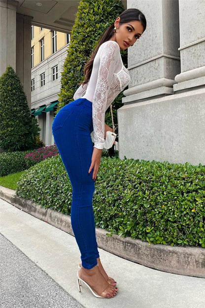S-3XL Stretch Skinny Denim Women's Jeans Mid Waist Pants Blue Retro Washed Elastic Slim Pencil Trousers