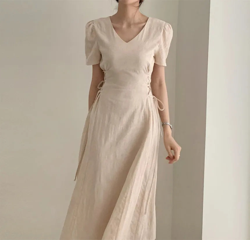Cotton Linen Dress Long New Hot Sales Woman Short Sleeve Solid Retro Vintage Long Dresses