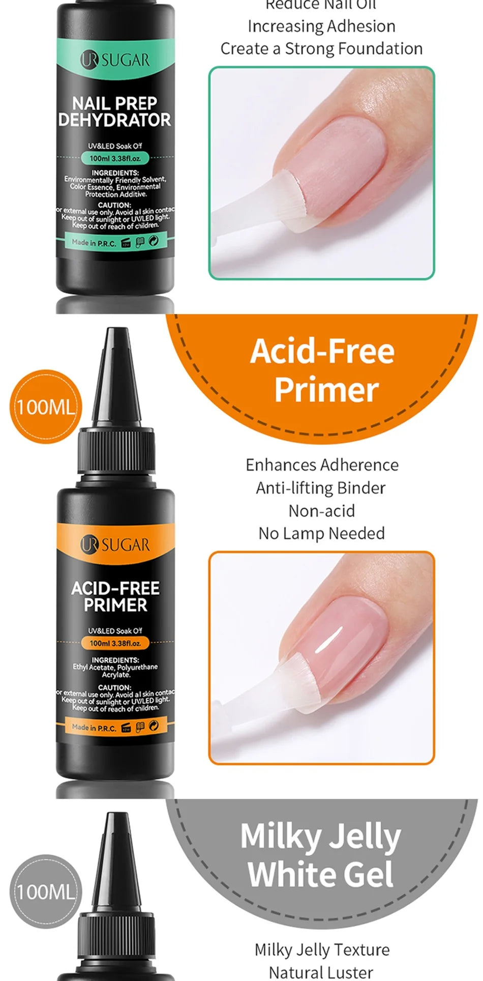UR SUGAR 100ml Reinforcement Gel Nail Prep Dehydrator Nail Art Soak Off UV LED Base Gel No Wipe Top Coat Varnish Manicure