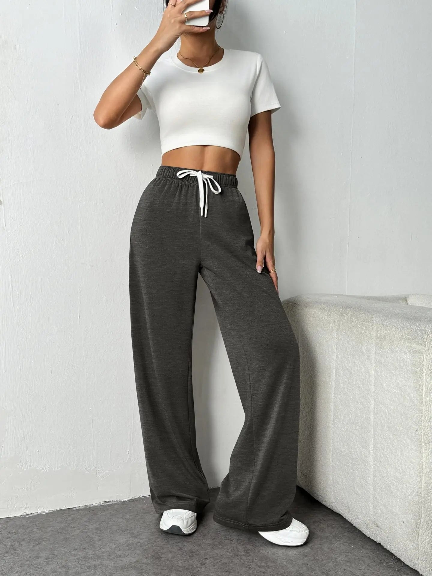 Casual Wide Leg Sports Pants for Women Casual Straight Leg Loose Solid Color Elastic Drawstring High Waisted Wide Leg Pants