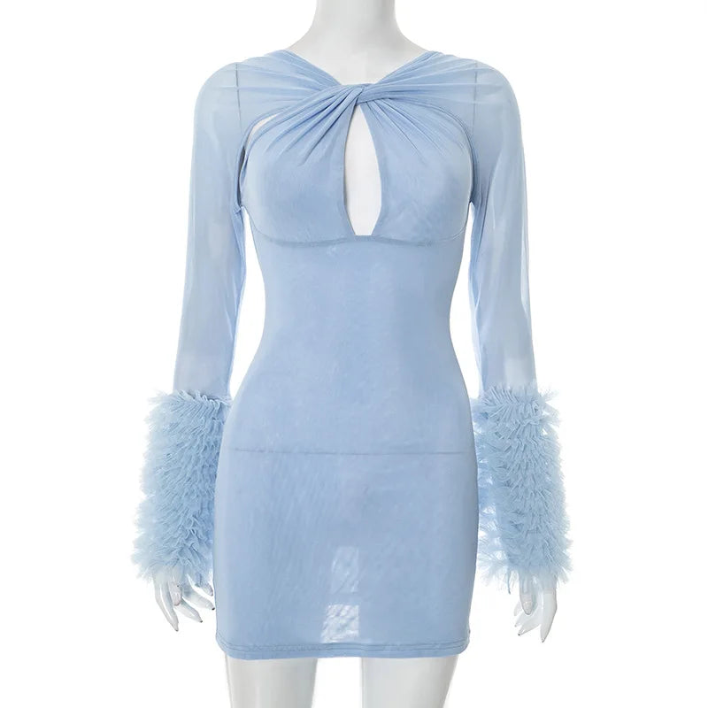 2025 Autumn Furry Patchwork Dress Women See Through Full Sleeve Sexy Hollow Cross Elegant Luxury Banquet Birthday Party Clubwear Badiee Stylez