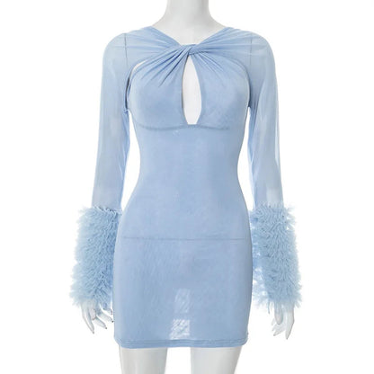 2025 Autumn Furry Patchwork Dress Women See Through Full Sleeve Sexy Hollow Cross Elegant Luxury Banquet Birthday Party Clubwear Badiee Stylez