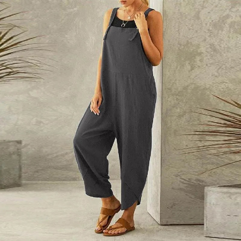 Women Loose Wide Leg Overalls Summer Adjustable Solid Color Cotton Linen Baggy Full Trousers Female Jumpsuits Oversized
