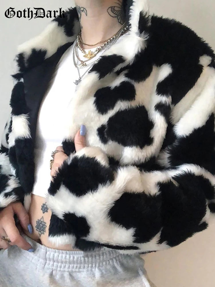 Goth Dark Punk Style Gothic Crop Faux Fur Y2k Coats Fashion Color Block Long Sleeve Women Cardigan Jackets Warm Streetwear 2023
