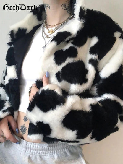 Goth Dark Punk Style Gothic Crop Faux Fur Y2k Coats Fashion Color Block Long Sleeve Women Cardigan Jackets Warm Streetwear 2023