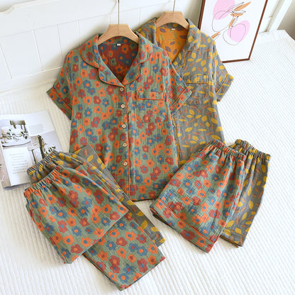 2025 New Spring/Summer Pajamas Three Piece Set Thin 100%Cotton Crepe Ladies Short Sleeves+Shorts+Pants Flip Collar Home Suit Set